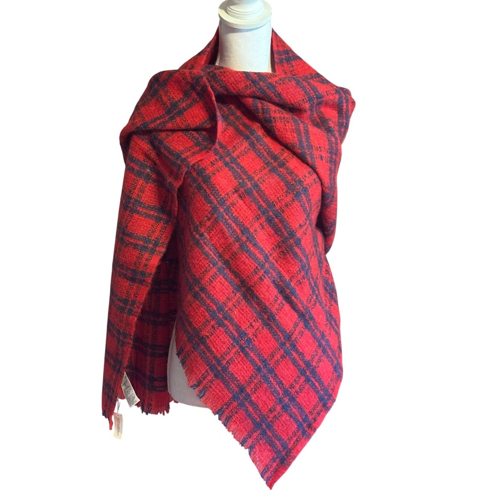 Red Navy Plaid Wool Blend Oversized Tartan Blanket Scarf NWT One Size Heritage
